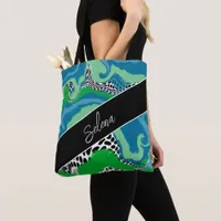 Blue and Sage Green Fluid Art Personalized Tote Bag