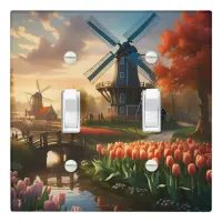 Windmill in Dutch Countryside by River with Tulips Light Switch Cover