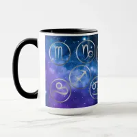 Twelve Grey Zodiac Symbols on blue galaxy | Mug