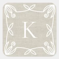 Cute Hand Drawn Wreath Monogram Faux Burlap Square Sticker