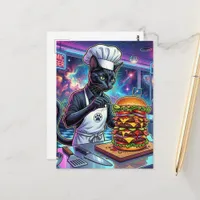 Black Cat Chef Making Cheeseburger in Space Diner Postcard