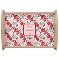 Doodle Art Style Red Pink Roses Hearts Valentine's Serving Tray