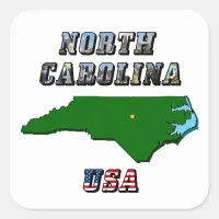 North Carolina Map Outline, Photo & US Flag Text  Square Sticker