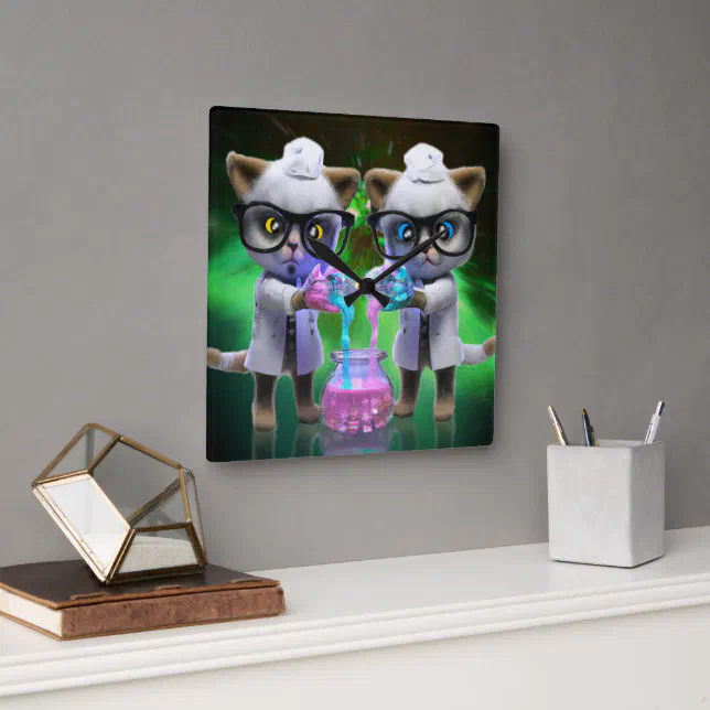 Funny Mad Cat Scientists Plotting World Domination Square Wall Clock