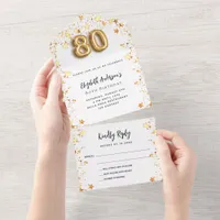 80th birthday white gold stars party RSVP All In One Invitation
