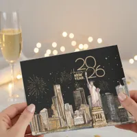 Happy New Year 2026! NYC Skyline | Gold Fireworks Holiday Card