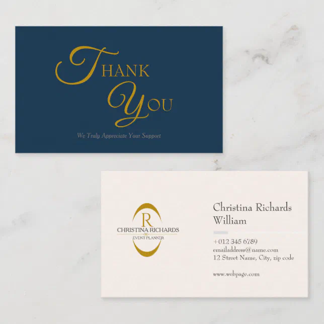 Modern Elegant Navy Blue and Gold Thank You Card