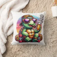 A cool turtle enjoying a drink on a skateboard throw pillow