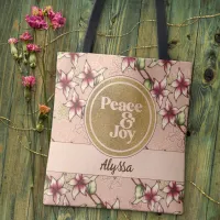 Peace & Joy, Pink Gold Personalized Christmas Tote Bag