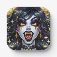 Vampire with Gold Fangs Full Moon Halloween Party Paper Plates