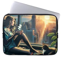 Woman Drinking Coffee at Sunrise in the City Laptop Sleeve