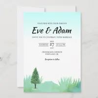 Mint Green Tree Meadow Watercolor Winter Wedding Invitation