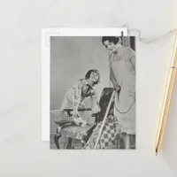 Child and Mother Vacuum Cleaning Black and White Postcard