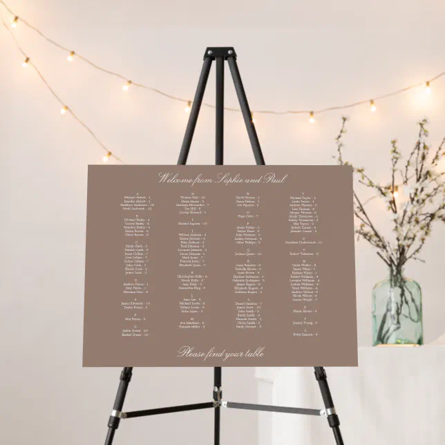 Taupe Alphabetical Seating Chart Foam Board