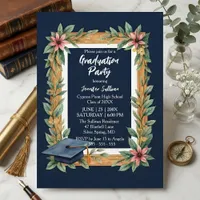 Rustic Wood and Navy Blue Floral Photo Graduation Invitation