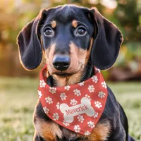 Coral And White Paw Print Dog Bone Custom Name Pet Bandana Collar