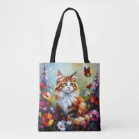 Cute Whimsical  Cat, Flowers and Butterflies Tote Bag