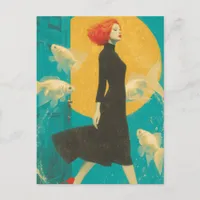 Fashion and Goldfish Red Hair Lady Black Dress Postcard