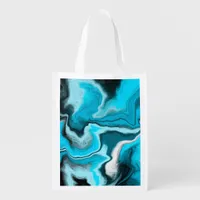 Blue, Black and White Marble Fluid Art   Grocery Bag