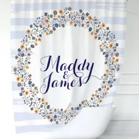 Personalized Navy Blue Floral Wreath Shower Curtain