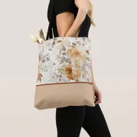 Cozy Autumn Floral Botanical Print Color Block Tote Bag