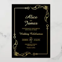 Elegant Border Black Gold Foil Wedding Invitation