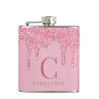 Chic Pink Sparkle Glitter Drips Monogram Flask