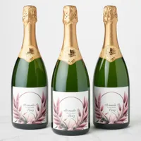 Coral Blush Pampas Coastal Beach Wedding Sparkling Wine Label