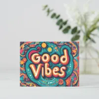 Good Vibes Bright Colorful Hippie Caption Postcard