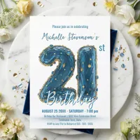 Glamorous 3D Blue Gold Gemstone 21st Birthday Invitation