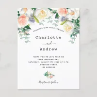 Blush pink florals eacalyptus sage green wedding postcard