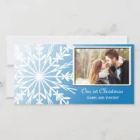 White Snowflake on Blue First Christmas Together Holiday Card