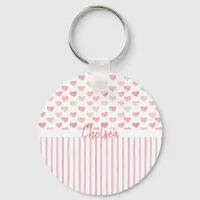 Blush Pink Watercolor Hearts and Stripes Pattern Keychain