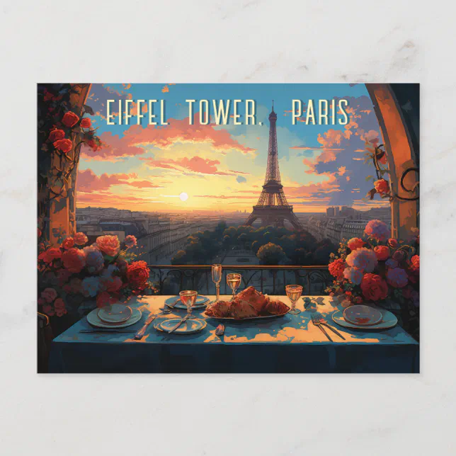 Eiffel Tower Paris City Illustration Travel Art Postcard