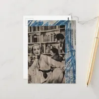 Woman in the library in the 1930s era collage postcard
