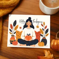 Cozy Autumn Meditation Woman Pumpkin Thanksgiving Holiday Postcard