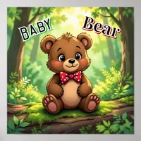 Cute Cartoon Baby Bear in Woods Poster