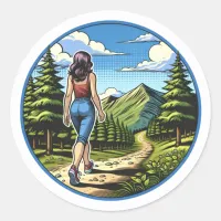 Woman Hiking a Nature Trial Classic Round Sticker