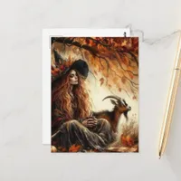 Witch With Coffee and Her Pet Goat in Autumn Postcard