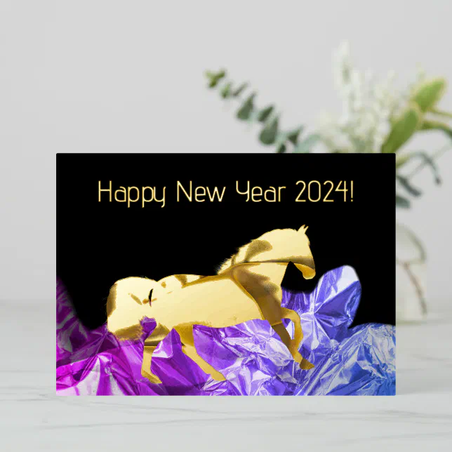 Horse on crumpled glossy paper - happy new year 20 foil holiday card