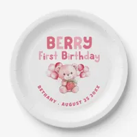 Berry First Birthday Teddy Bear Strawberry Pink Paper Plates