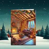 Warm and Cozy Log Cabin and Fireplace Christmas  Card