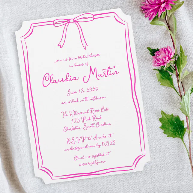 Hot Pink Hand Drawn Bow Bridal Shower Invitation