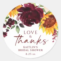 Fall Sunflowers & Burgundy Roses Bridal Shower Classic Round Sticker