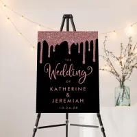 Chic Black Rose Gold Glitter Drips Wedding Welcome Foam Board