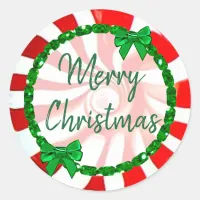 Merry Christmas White, Red Green Peppermint Candy Classic Round Sticker