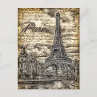 Vintage Paris Eiffel Tower Sketch Art Travel Postcard