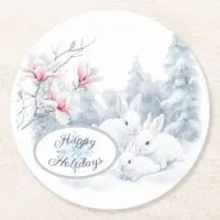 Cute White Rabbits in Snow Winter Holiday Round Paper Coaster