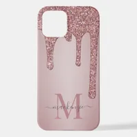 Rose Gold Sparkle Glam Glitter Drips Monogram iPhone 12 Pro Case