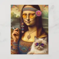 Mona Lisa and Her Himalayan Cat Smoking Postcard
